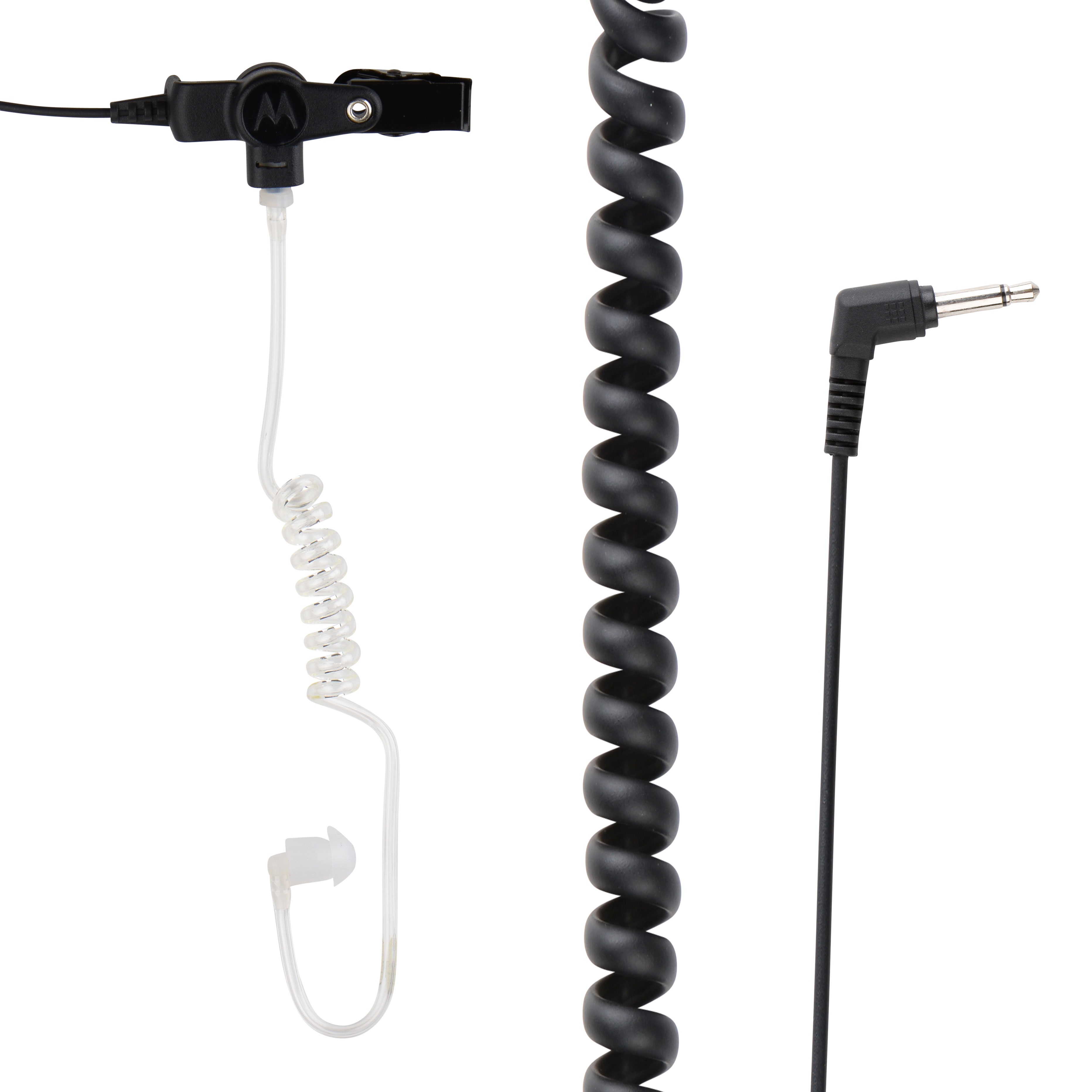 Zwart spiraalkabel met 3,5 mm plug en oortje met clip.