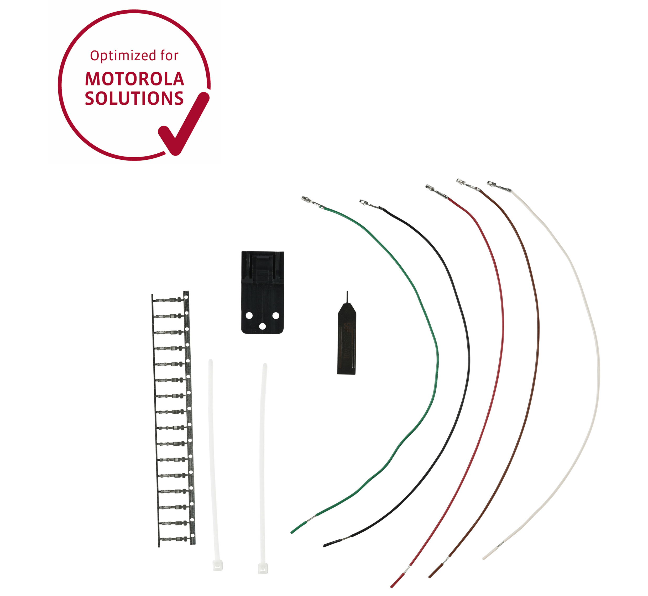 Kit avec fils, bornes, support, colliers de serrage, outil.