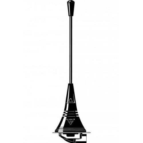 Zwart-witte illustratie van een auto-antenne met een lange staaf en korte basis.
