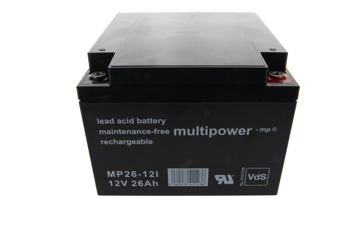 Black lead-acid battery 12V 26Ah, maintenance-free, rechargeable.