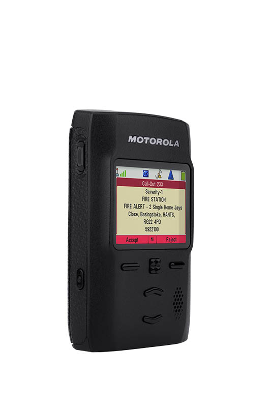 Black Motorola pager displaying alert text on screen.