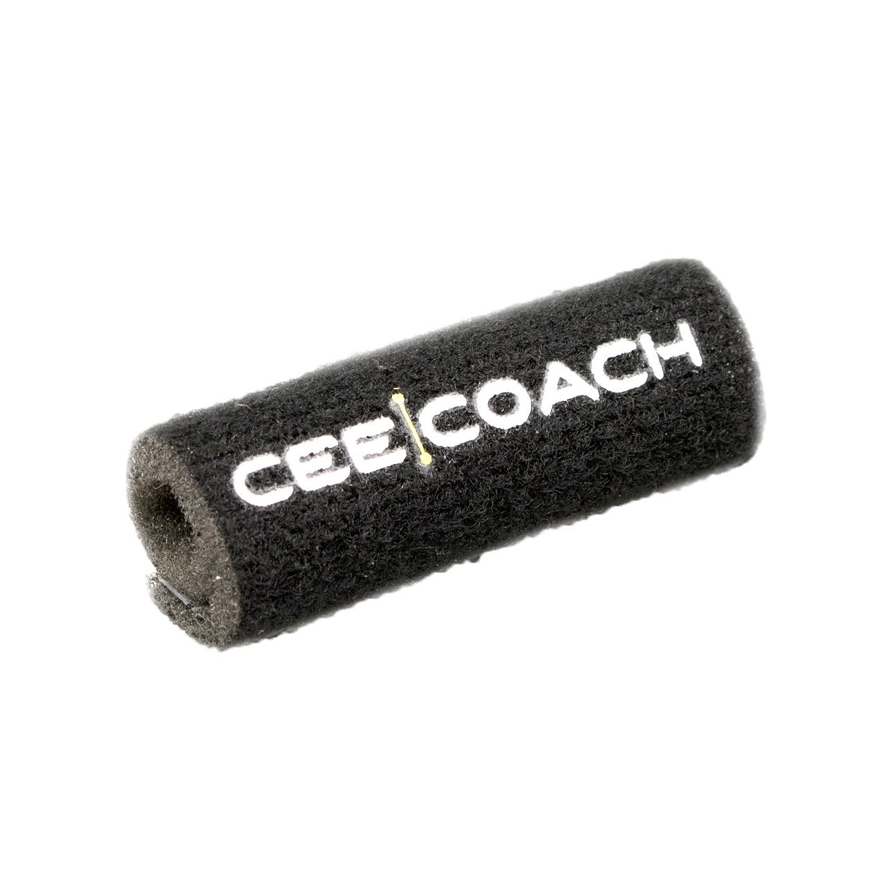 Zwarte microfoonwindkap met wit CEECOACH-logo.