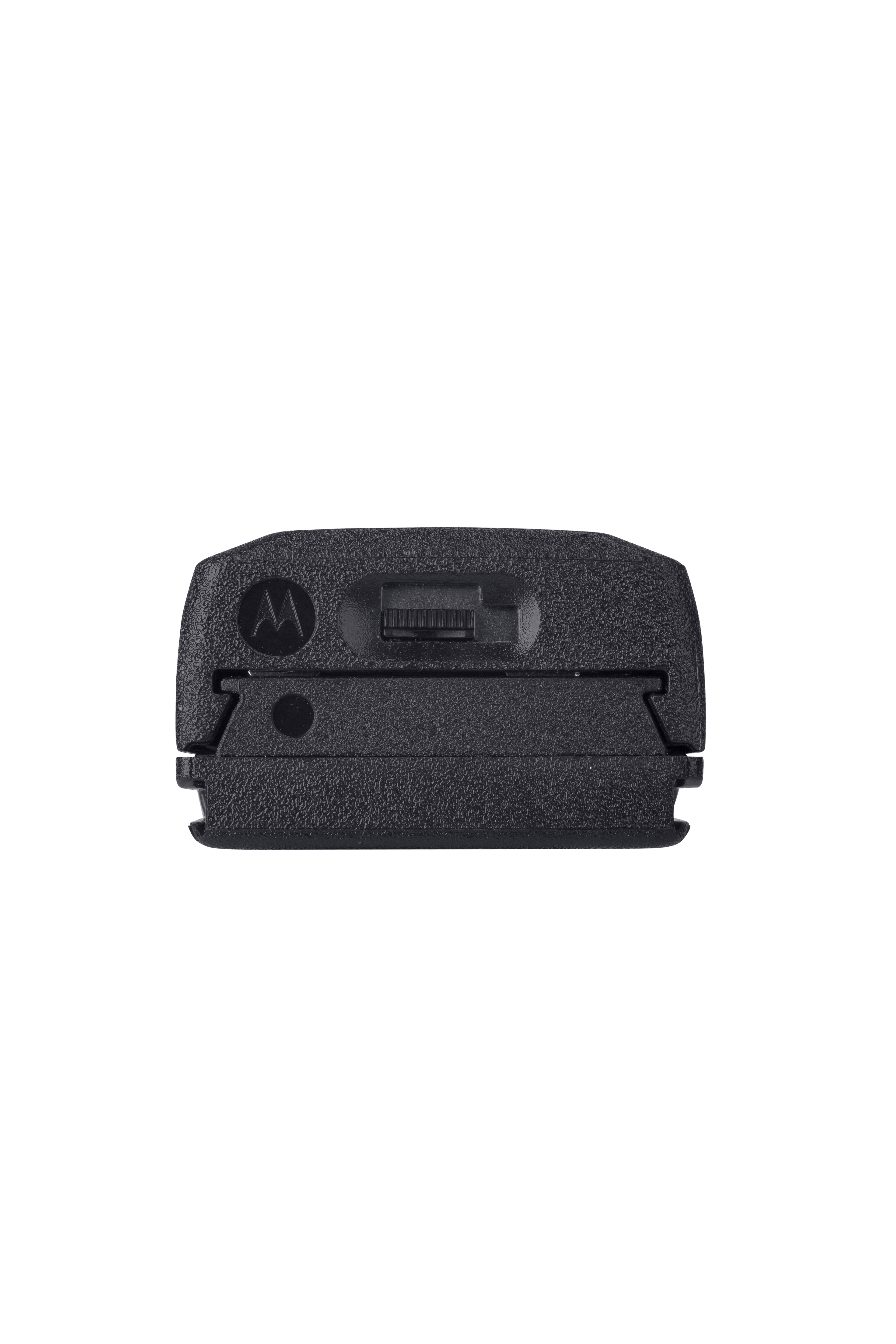 Black belt clip for portable radio, flat top, textured surface.