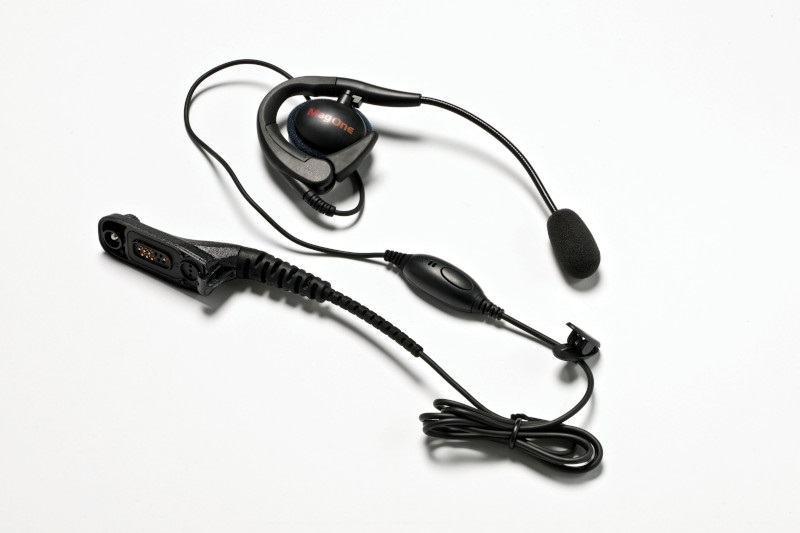 Black and grey headset with earhook, microphone, and cable with clip.