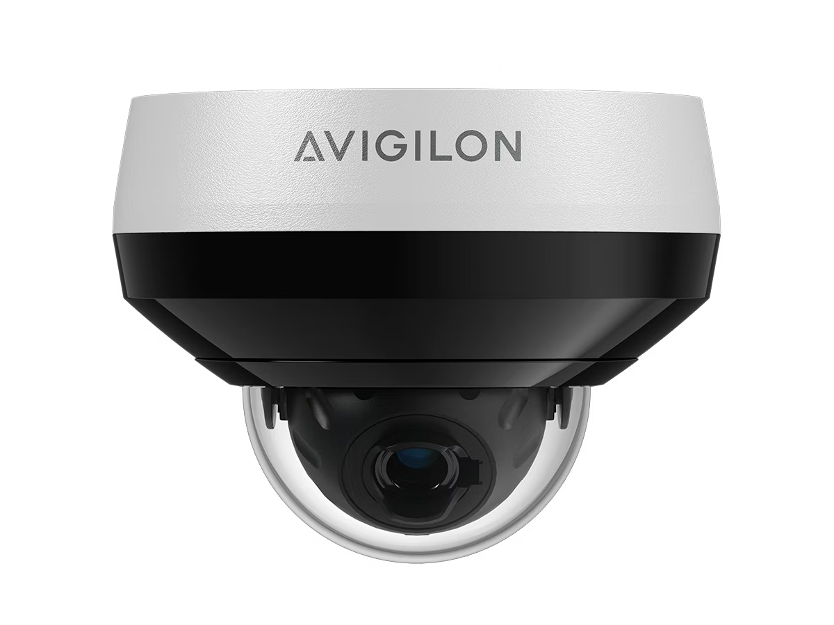 Avigilon surveillance camera with black casing and glass cover.