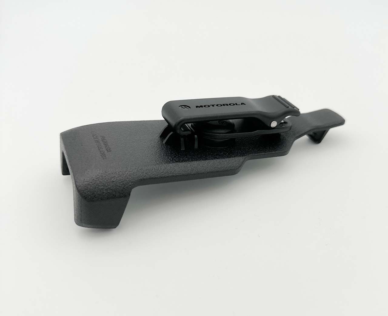 Black plastic belt clip holder with Motorola branding.