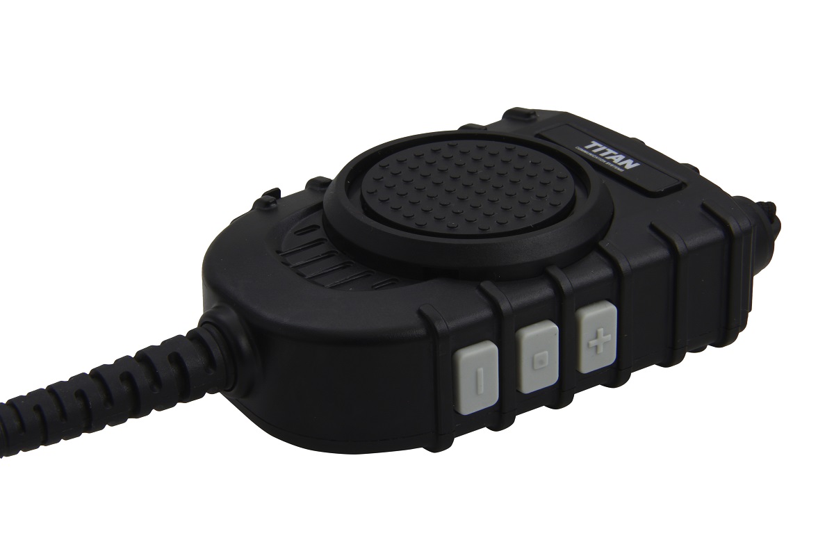 Zwart handmicrofoon met drie lichte knoppen, kabelverbinding.