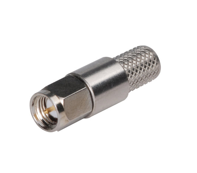 Metal coaxial connector with knurled handle end.