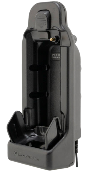 Black desktop charger for radios, standing vertically.