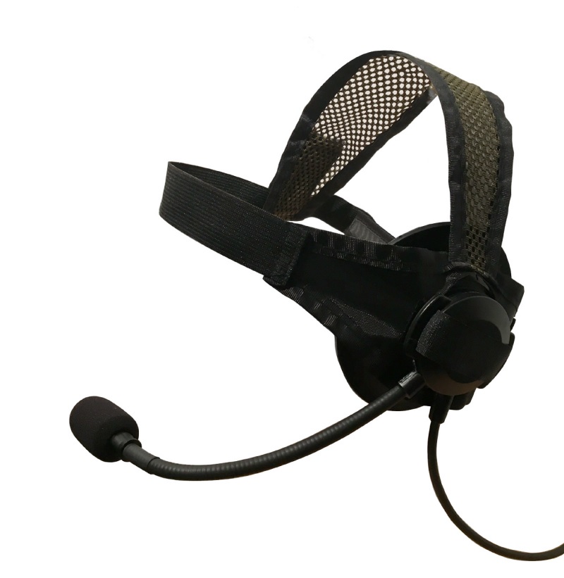 Headband headset with microphone, mesh fabric design.