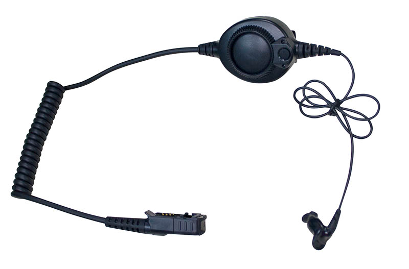 Black earpiece with coiled cable and clip microphone.