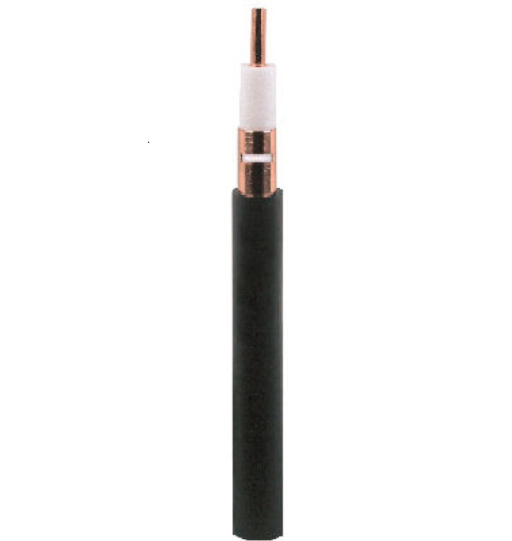 Coaxial cable with black jacket, copper conductor, and white dielectric.