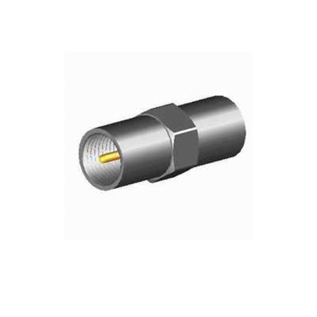 Coaxial connector with hexagonal thread and gold-colored inner core.