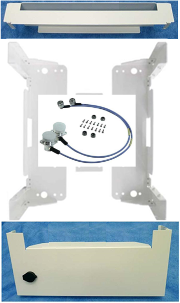 Mounting kit with white metal parts, cables, and screws.