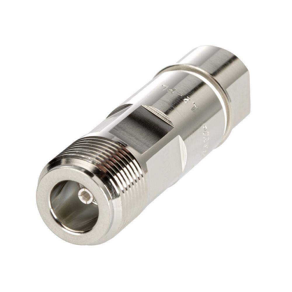 Metalen coaxiale connector met schroefdraad, zilverkleurig, liggend.
