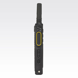Black handheld scanner with yellow button on gray background.