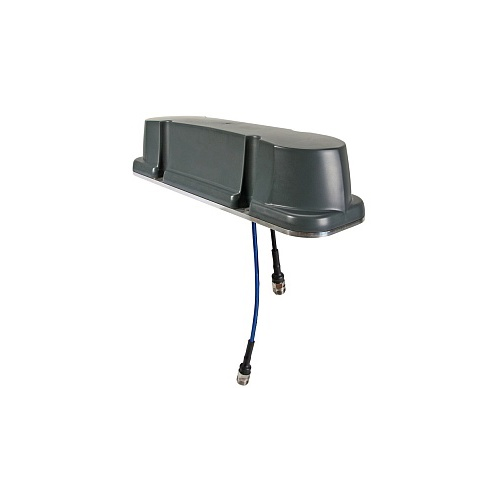 Zwarte voertuigantenne met twee blauwe kabels.