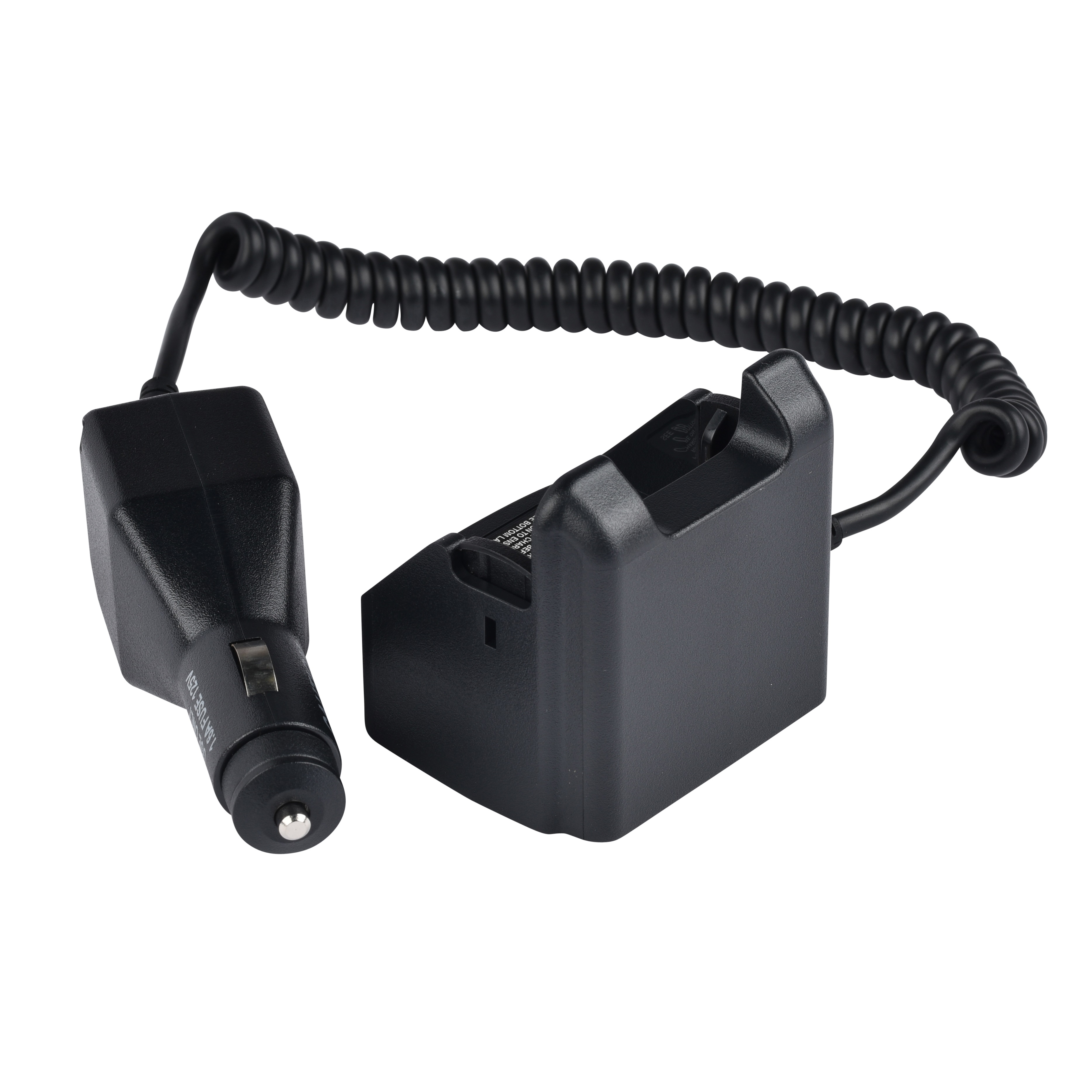 Black car charger with spiral cable and socket.
