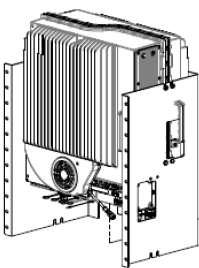 7000-00113900_com_01.png Detailtekening van een technisch apparaat met koelribben en kabelverbindingen.