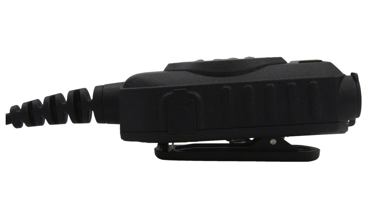 Zwarte handmicrofoon met spiraalkabel en riemclip.