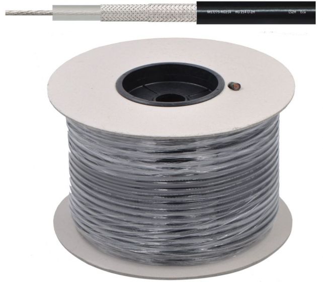 Spoel met opgerold kabel, grijze mantel met zwarte kern, bovenaan kabeldoorsnede.