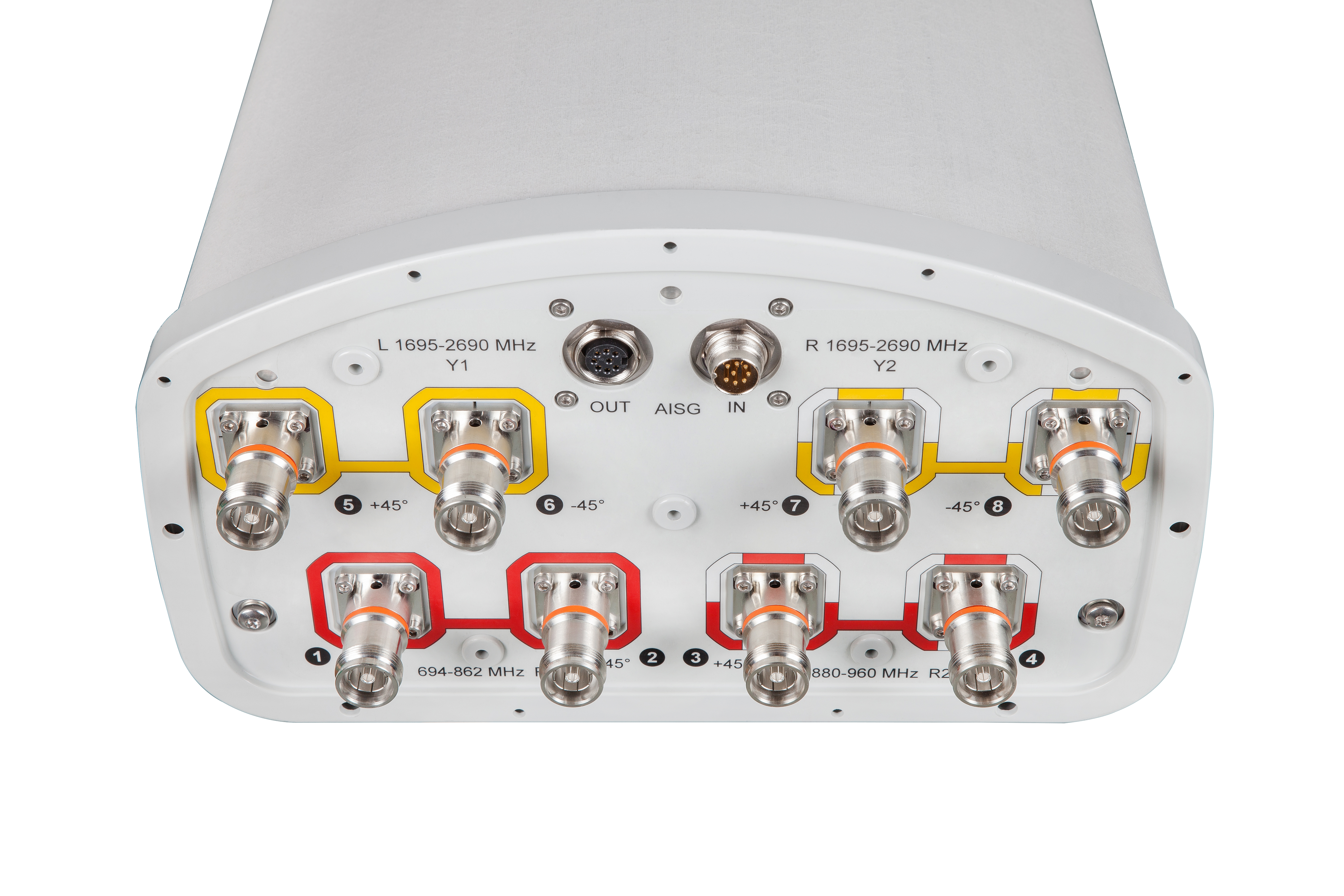 Back of an antenna with multiple coaxial connectors and frequency labels.
