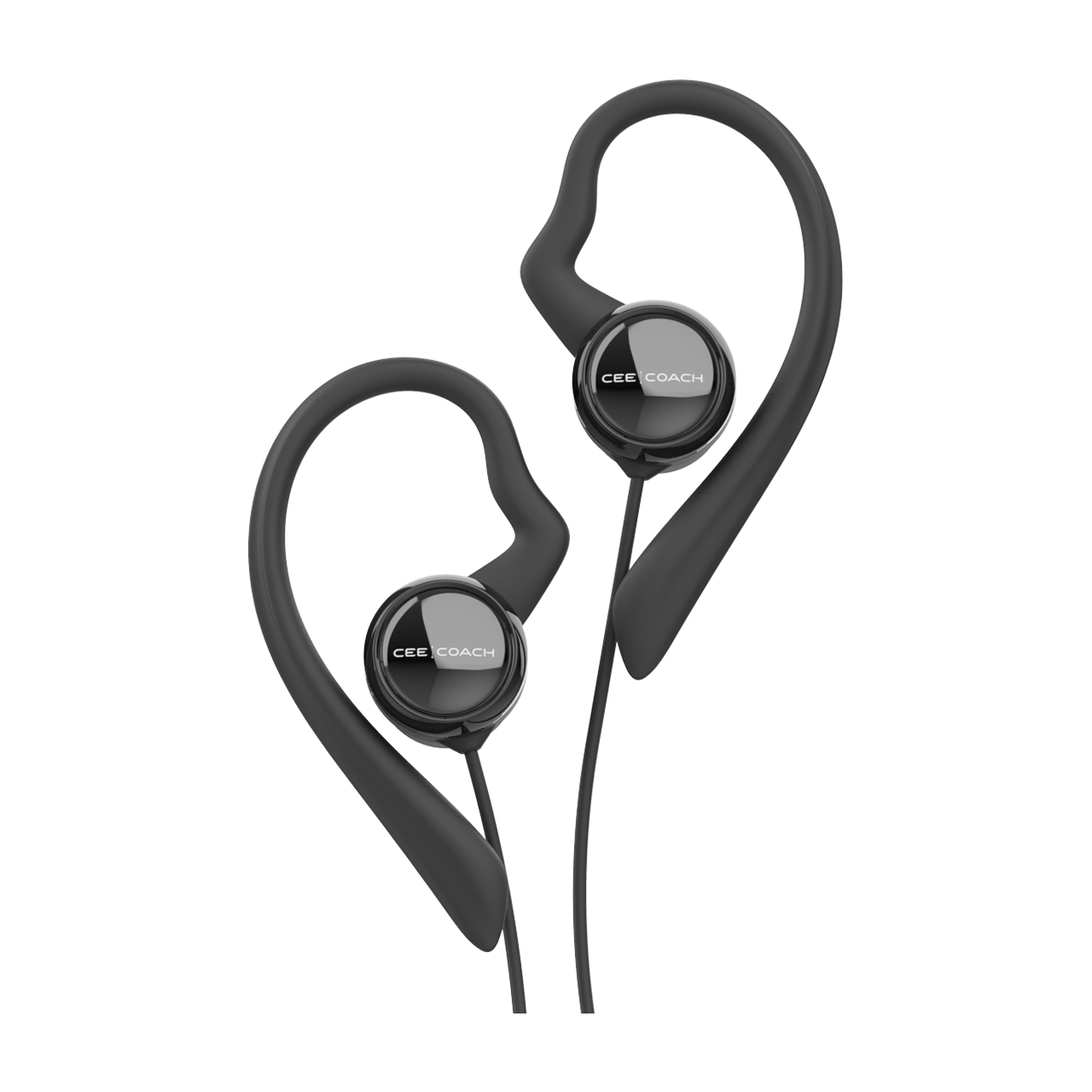 Two black ear-hook headsets with cables and brand logo.