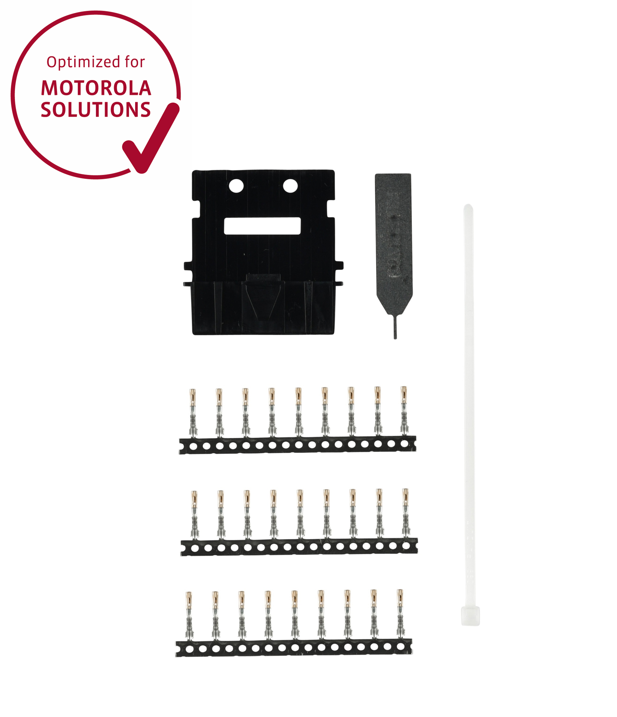 Kabelbinder, houder, pen, contacten op strips.