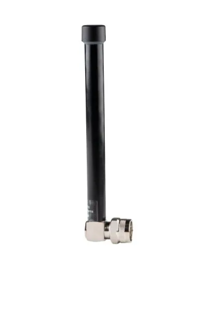 Zwarte antenne met zilveren connector, verticaal georiënteerd.