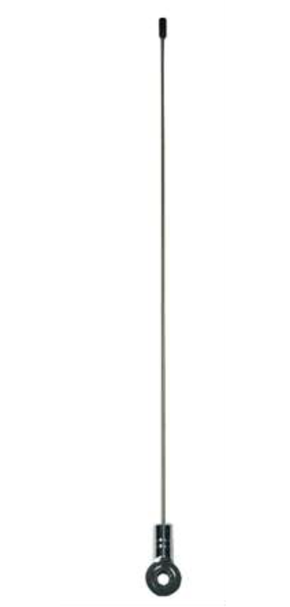 Long metal antenna with black base.