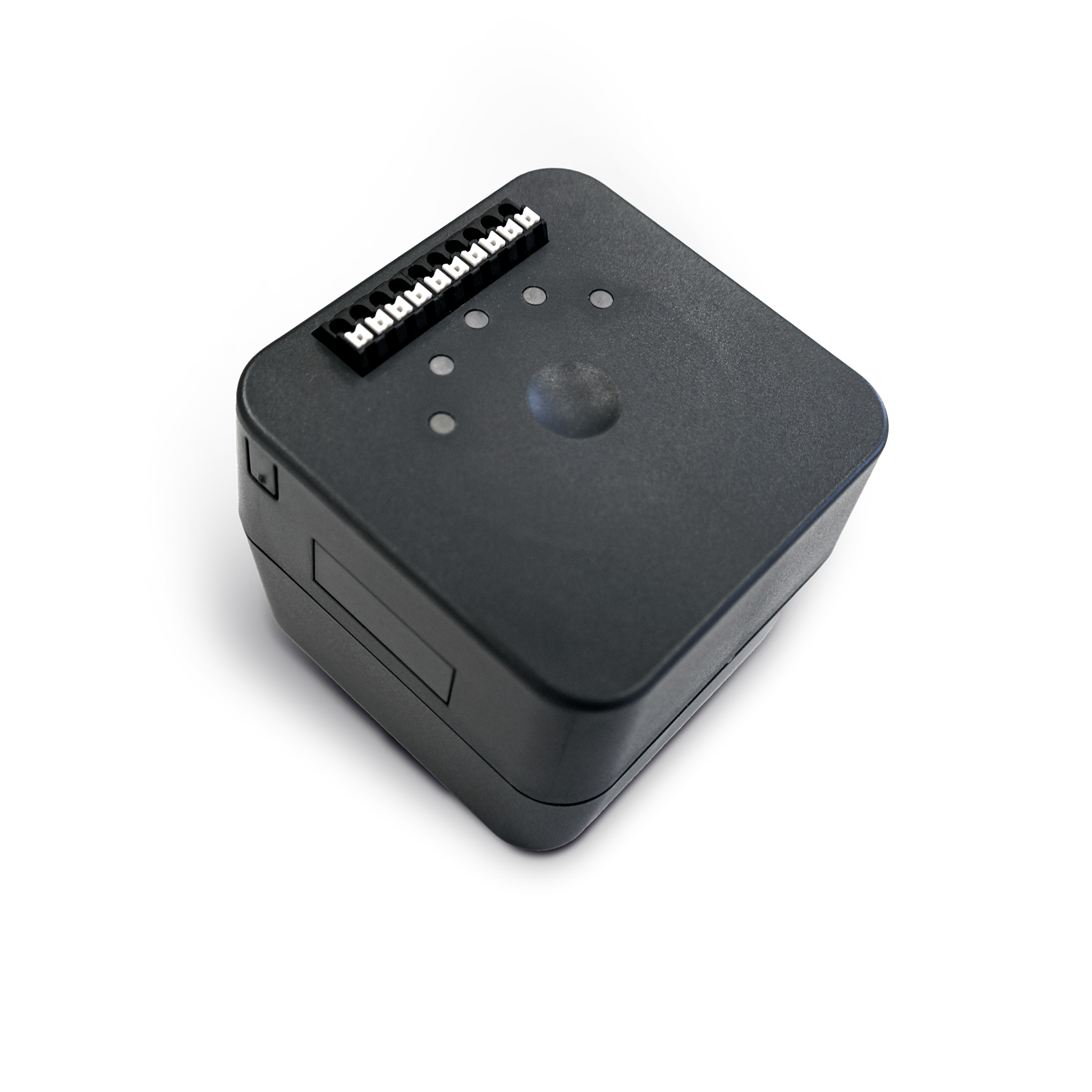 Petit appareil technique noir avec connecteurs sur le dessus.