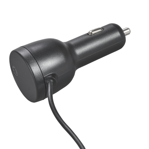 Zwarte auto-oplader, cilindrische vorm, kabel bevestigd.
