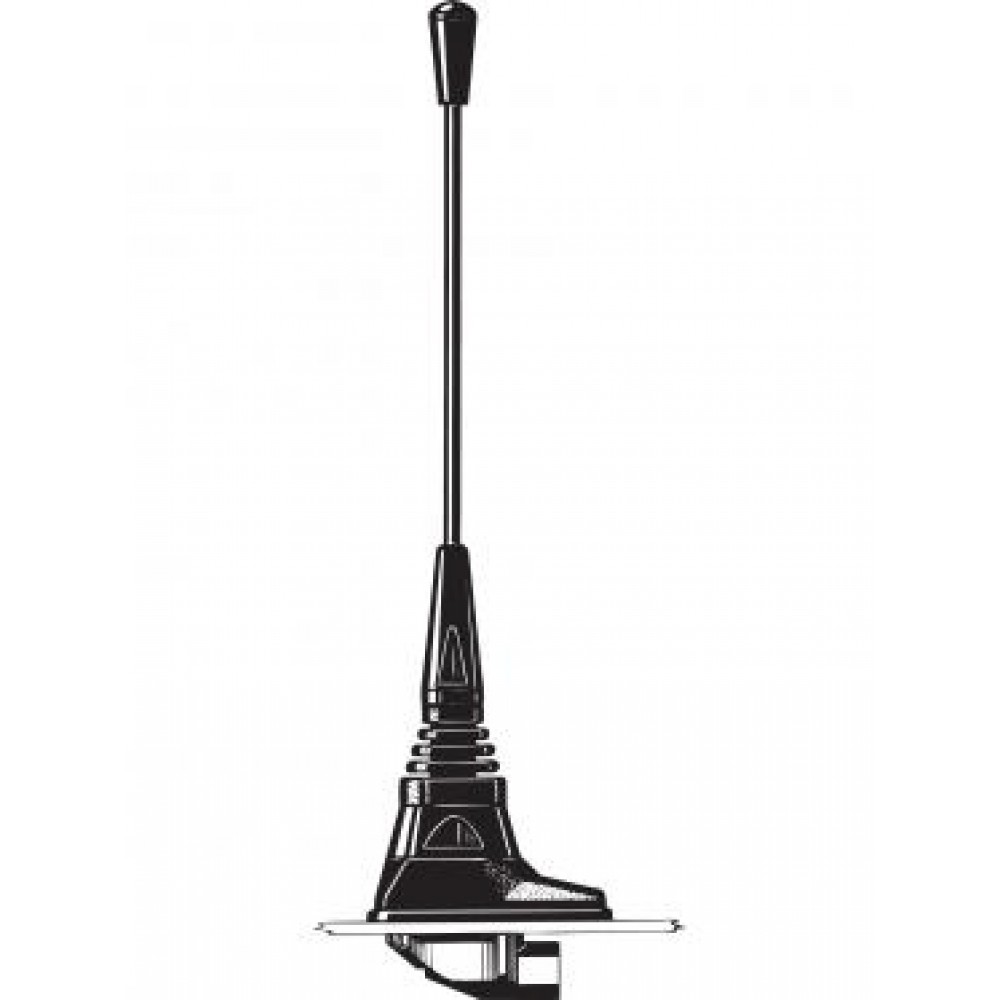 Zwart-witte tekening van een autoantenne met gemonteerde voet.