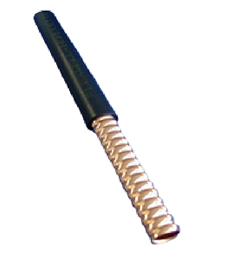 Poignée noire avec lame métallique spiralée.