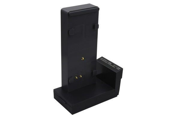 Zwarte oplaadstandaard met verticale connectorzone.