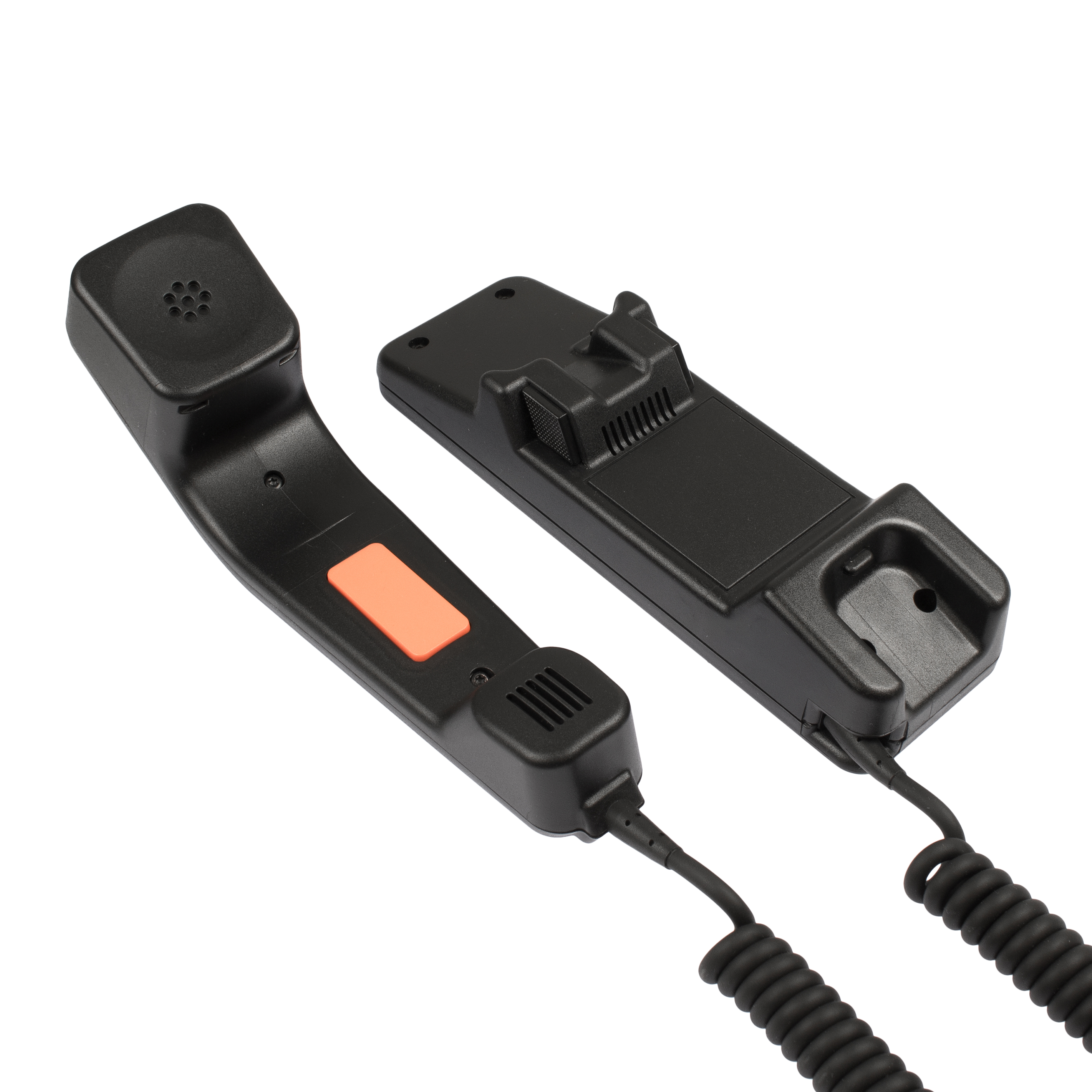 Twee zwarte telefoonhoorns met snoer, één met oranje knop.