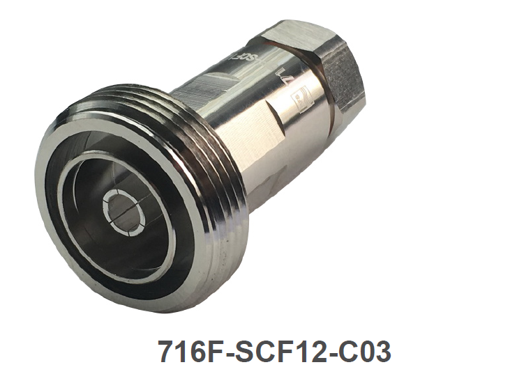 Metal adapter, cylindrical shape, with threads and marking 716F-SCF12-C03.