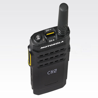 Black radio with antenna, channel selector, and display showing 'CH2'.