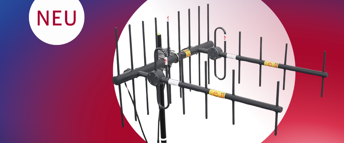 Nouvelle antenne Yagi avec plusieurs éléments sur fond dégradé rouge-bleu.