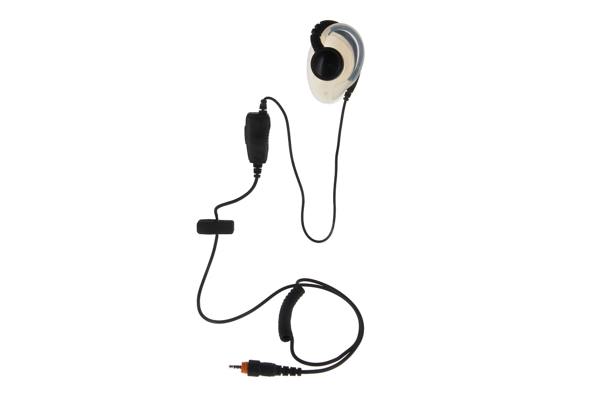 Écouteur intra-auriculaire avec microphone et câble de connexion.