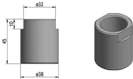 Metalen cilinder met afmetingen: diameter 38, 32, hoogte 45, groefbreedte 10 mm.