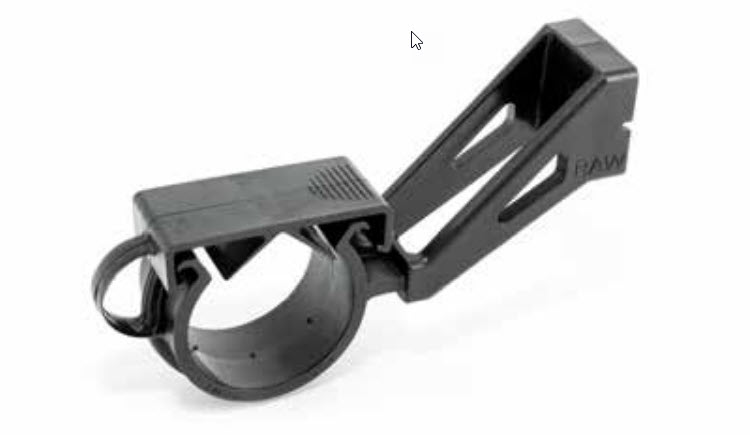 Black cable clamp with rectangular holder and round ring opening.