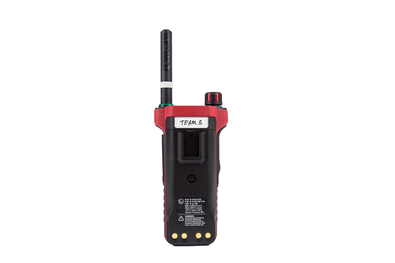 Red-cased radio with antenna labeled Team 3.