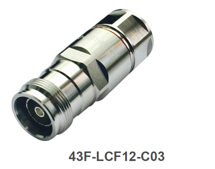 Metalen connector met cilindrische vorm en schroefdraad, label 43F-LCF12-C03.