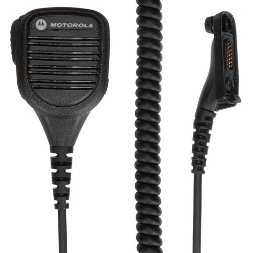 Black microphone with coiled cable and connector.