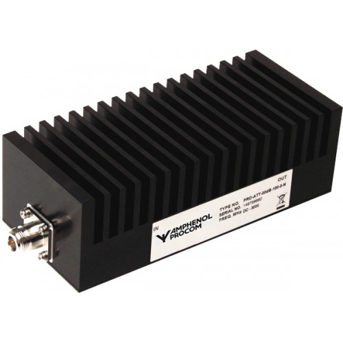 Atténuateur RF noir avec ailettes de refroidissement et deux connecteurs.