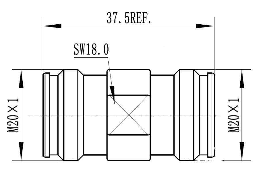 Technical drawing of a connector with dimensions M20×1, 37.5, and SW18.0.