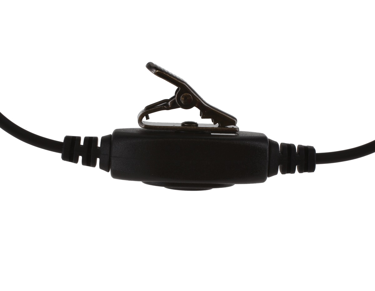 Black cable holder with a clip and cable connectors on both sides.