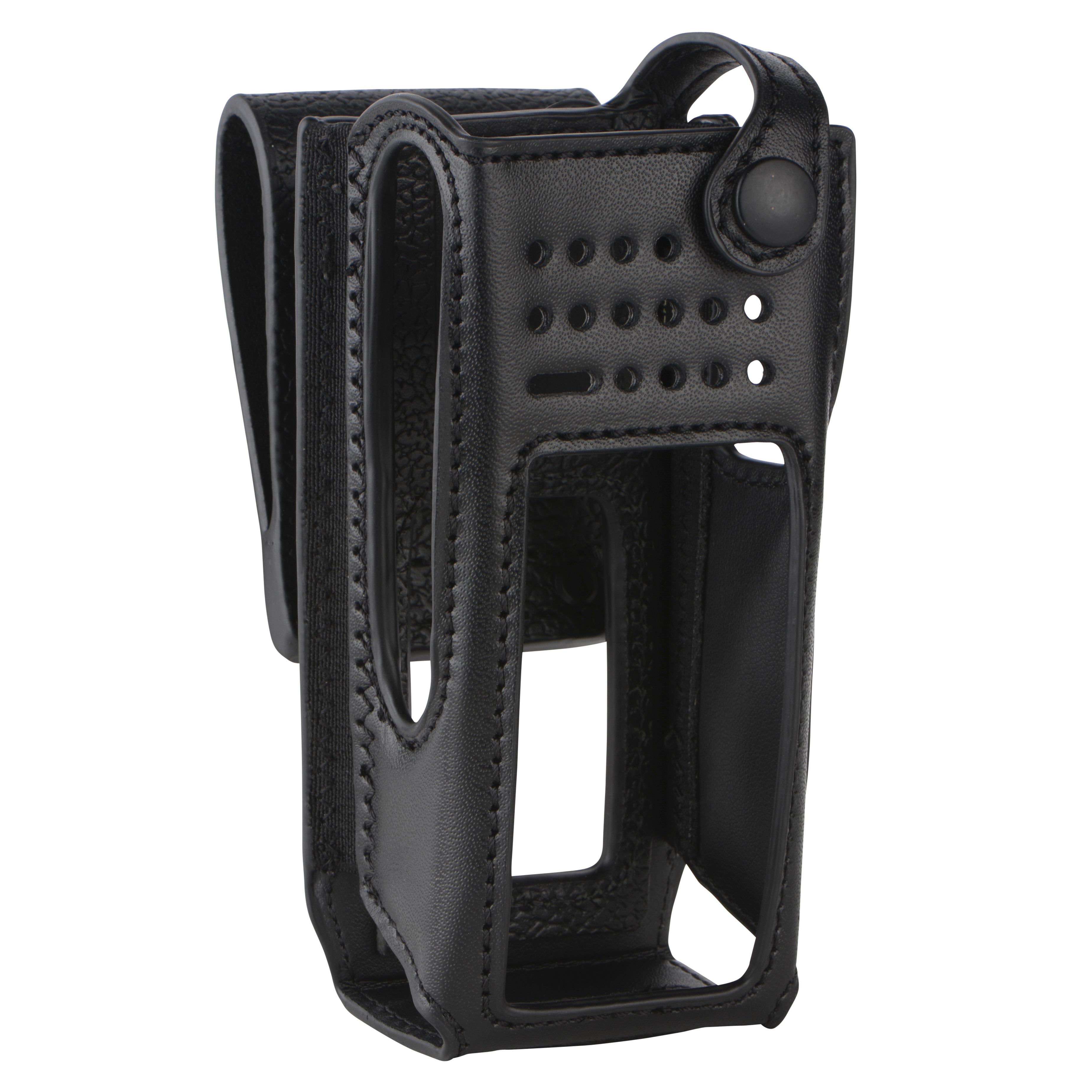 Black leather case with button closure for portable device.