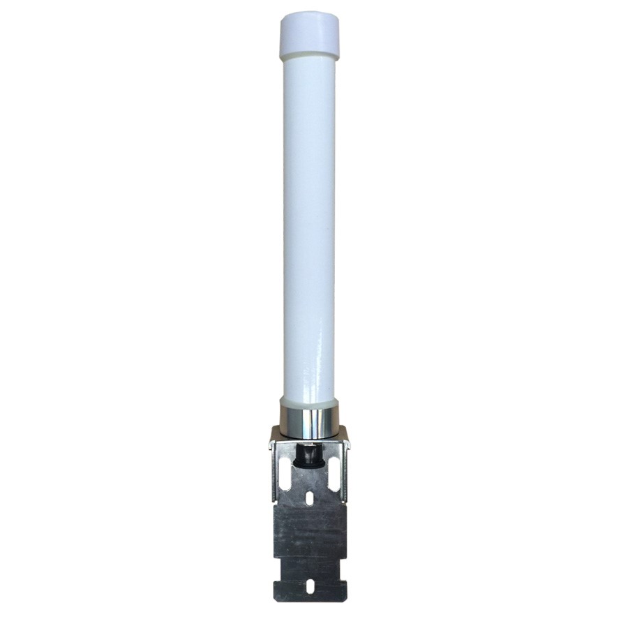 Witte omnidirectionele antenne met metalen beugel aan de onderkant.
